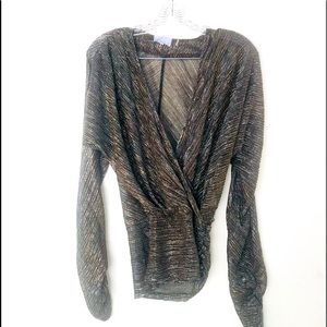 Kinly Metallic Faux Wrap Long Sleeve Top